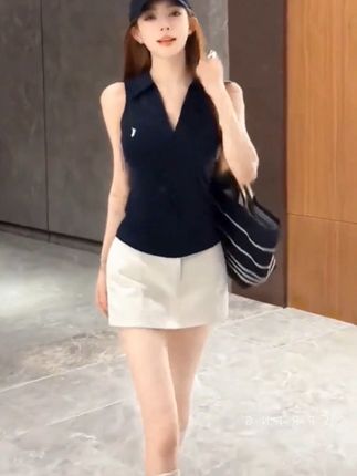 2025夏季时尚气质无袖polo背心上衣+高腰显瘦包臀a字短裙裤套装