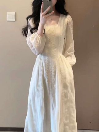 法式温柔杏雨梨云方领裙子女早秋2025新款韩系千金感收腰气质长裙#法式浪漫 #长裙控 #连衣裙穿搭 #显瘦穿搭 #千金感穿搭