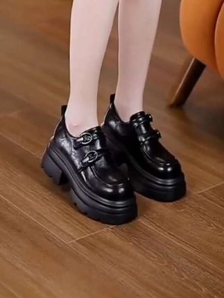 真皮厚底乐福鞋女2025秋季新款小个子增高魔术贴单鞋英伦乐福鞋女#乐福鞋 #真皮女鞋 #单鞋#新款