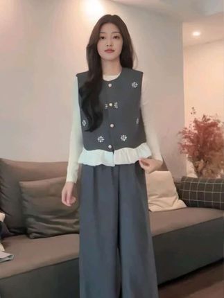 早秋法式套装气质绣花花边#马甲衬衫阔腿裤三件套#早秋贵气感穿搭#