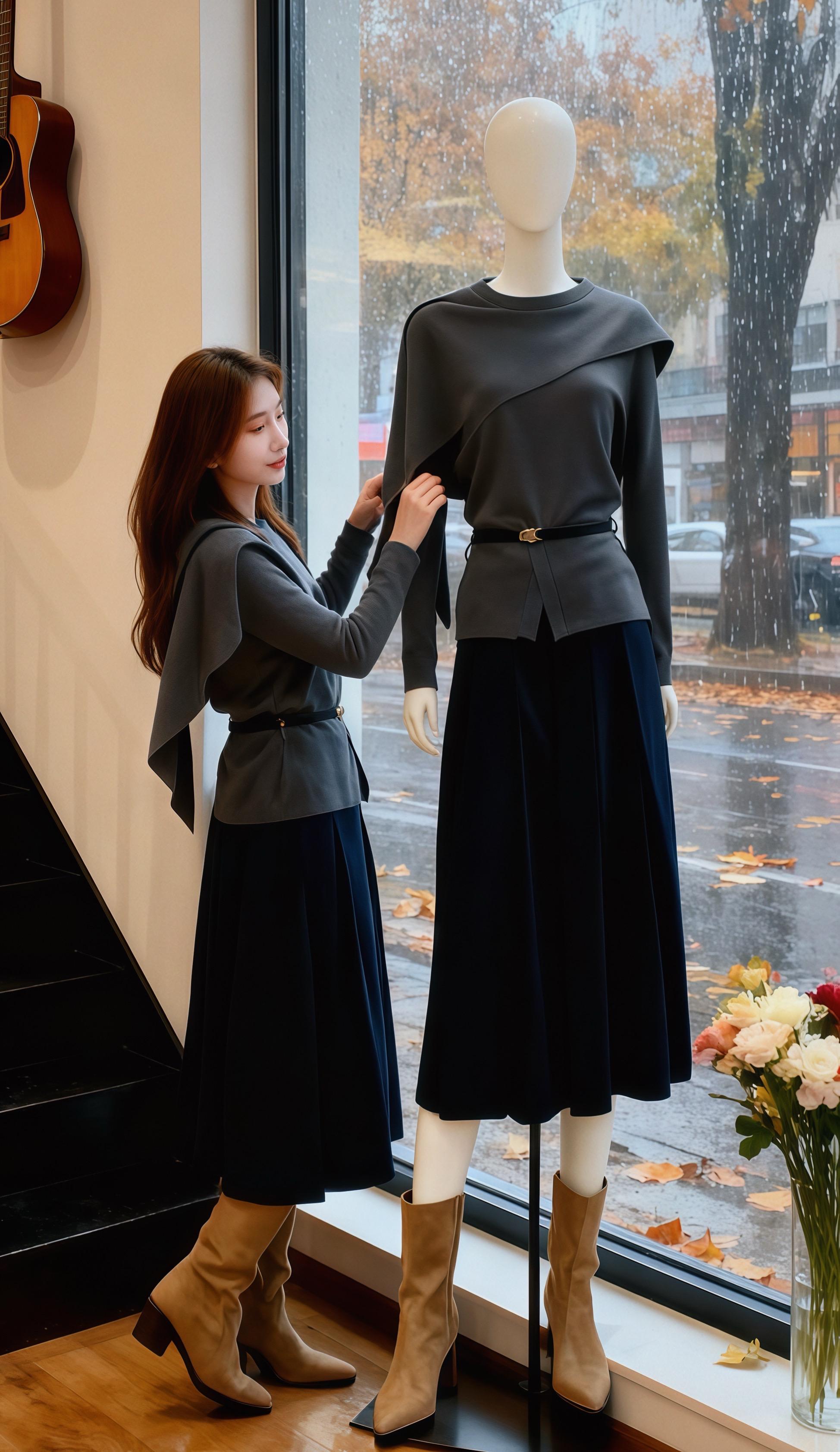 秋意里的穿搭小确幸 窗外秋雨缠绵,落叶将街景晕染得朦胧又诗意。我在充满文艺氛围的室内,目光落在那套深灰上衣配藏蓝百褶裙的搭配上。深灰上衣独特的设计,像为秋日氛围量身定制,系上腰带,更显身姿。藏蓝百褶裙随着步伐轻轻摆动,搭配上卡其色长靴,复古又时髦。我仔细整理着模特身上同款的衣摆,想象着穿上它,在这样的秋日里,或是漫步雨中,感受秋的微凉;或是窝在温暖角落,读一本好书,都能与这秋意完美契合,这便是属于我的穿搭小确幸。#秋季氛围感穿搭 #优雅永不过时 #秋季不露腿穿搭 #秋天变时髦就从韩系穿搭开始 #通勤穿搭万能配色公式