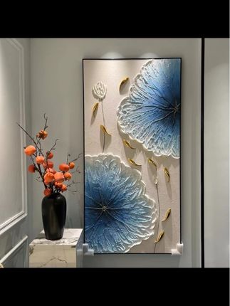 新中式荷花鱼砂岩纯手工手绘工艺油画装饰画复古玄关过道挂画壁挂#新中式#荷花#鱼#砂岩#装饰画