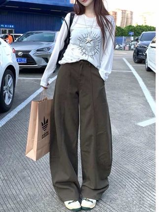 美式复古弯刀阔腿裤女2025年秋季新款高腰宽松显瘦休闲拖地长裤#懒人必备 #简约大气 #牛仔裤 #小个子显高穿搭 #显瘦搭配
