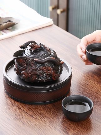 #旅行茶具一壶二杯 #功夫茶具套装 #紫陶手抓壶 #飞龙手抓壶 #堆雕复古茶壶