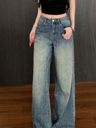 满天星河烫钻阔腿牛仔裤女2025秋季新款高腰宽松显瘦高级感拖地裤#百搭的搭配 #牛仔裤#休闲穿搭 #显瘦遮肉 #谁穿谁好看@DOU+上热门 @DOU+小助手