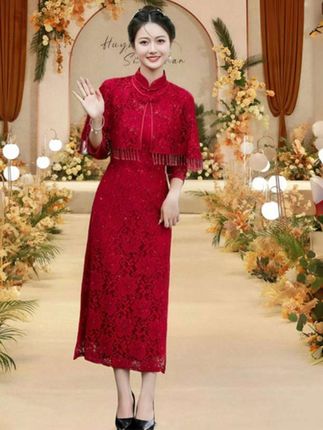 喜婆婆红色披肩两件套 10月份喜婆婆婚宴装#立领提花低开衩#气质礼服#酒红色披肩#两件套旗袍