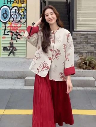 新中式国风套装裙2025早秋新款撞色提花短外套高腰半身裙两件套