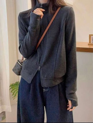 欧货高级感灰色双拉链立领卫衣开衫外套女显瘦洋气小个子早秋外套#面料柔软舒适#卫衣外套#秋季新款#随意搭配#品质女装
