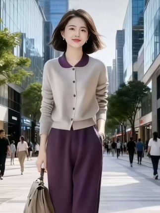 时尚休闲套装!时尚潮流穿搭!女2025春秋新款气质撞色翻领针织开衫阔腿裤两件套!春秋穿搭!谁穿谁好看