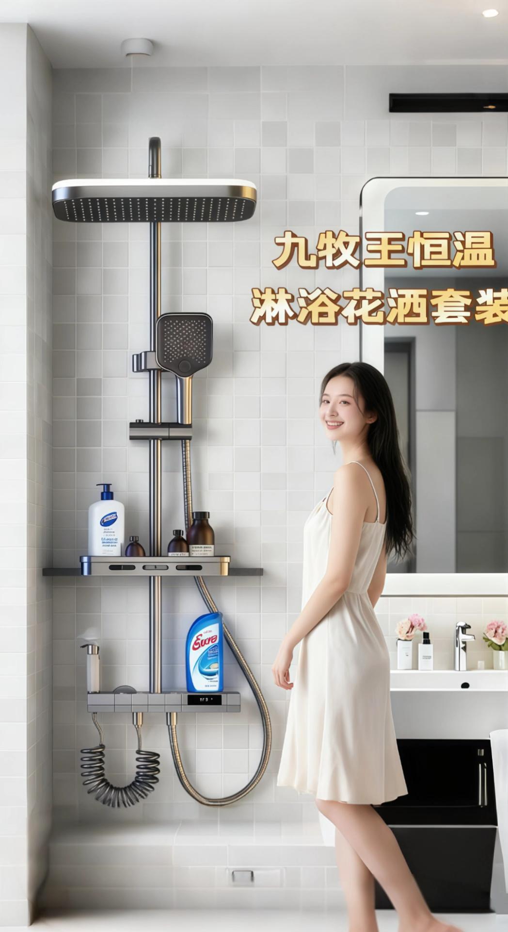 ′。#AI扩图 宝子们在忙碌生活里,洗澡是难得的治愈时刻~九牧王 智能数显恒温花洒套装,把洗澡变成超精致的享受! 它主体是H62精铜一体压铸,质感超棒,多层电镀防锈防腐,用很久都光亮如新。高清LED屏实时显示水温,触控调节超方便。 第四代智能恒温系统,航天级记忆合金阀芯,能精准感知水温变化,不管啥时候用水,水温都稳稳的,告别忽冷忽热~创新空气注入增压技术,水流细腻绵密,还有五档功能调节,想冲得强劲,还是要轻柔水雾SPA,都能满足!九牧王把科技和人性化设计结合得超完美,提升浴室科技感,每次洗澡都像奢华之旅~宝子们赶紧入手,开启高品质沐浴生活 #浴室必备好物#家装必备#恒温花洒#增压花洒 #家装必备 视频有Ai生成,仅供参考