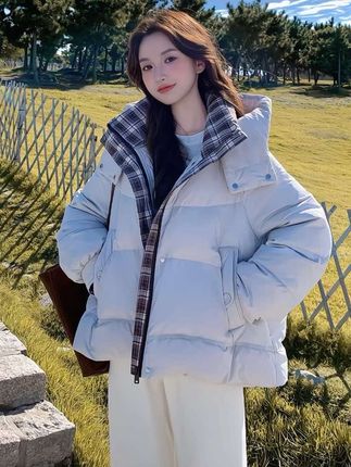 格纹撞色羽绒服冬季新款韩版宽松#韩版宽松羽绒服 #保暖又好看 #双十一攻略