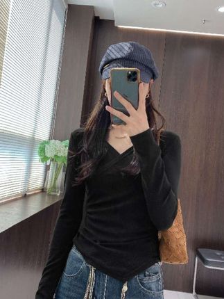 IMFLY金小金自制女装 针织衫DYW9580气质不规则交叉V领修身上衣#洋气百搭#遮肉显瘦 #面料柔软舒适