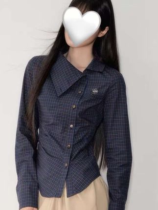 甜粿妹妹深藏青斜翻领复古格纹掐腰显瘦长袖衬衫上衣女#上衣#显瘦#早秋#女装#衬衫