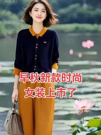 设计感中国风减龄撞色翻领上衣+松紧腰九分裤时尚套装2025秋女#优雅气质 #春秋穿搭