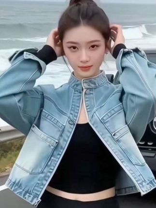 多口袋立领工装牛仔外套女春秋2025年新款美式设计感拉链休闲夹克