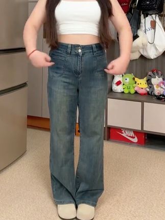 复古蓝直筒牛仔裤女2025秋季新款大码宽松显瘦梨形身材高腰阔腿裤#微胖穿搭 #百搭神裤 #大码女装 #遮肉显瘦 #早秋穿搭