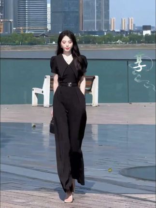 气质通勤高级感短袖连体裤女2025夏季收腰阔腿连衣裤女装D1905#气场全开 #优雅气质 #显高显瘦显腿长 #女人味穿搭