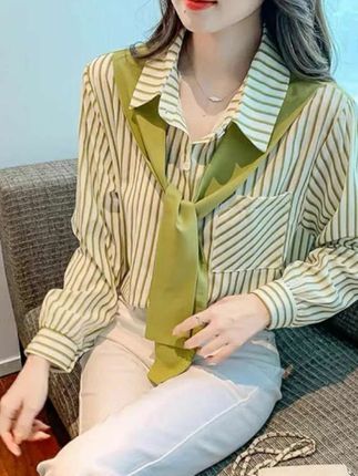 条纹衬衫女假两件长袖宽松衬衣春秋新款韩版大码洋气百搭气质上衣