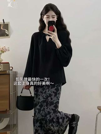 大码胖mm秋冬新款新中式显瘦宽松衬衣+半身高腰直筒裙两件套装女#时装搭配 #时髦穿搭 #个性穿搭