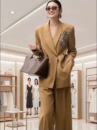 / ZEROYK高端轻奢职业套装设计感国风钉花宽松西服阔腿裤气质两件套#西装两件套 #气质套装 #穿搭