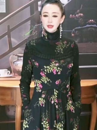 加绒弹力网纱连衣裙秋冬T006395