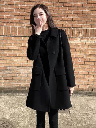 韩版宽松中长款毛呢外套女双排扣显瘦呢子大衣#大衣 #优雅气质 #时尚减龄 #中长款毛呢外套