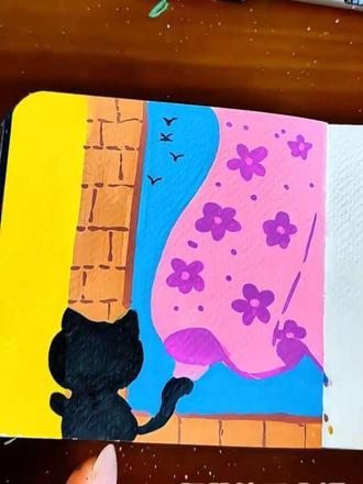 今天学画偷看的小猫#真实生活分享计划 #画画#猫咪 #丙烯马克笔 #绘画过程