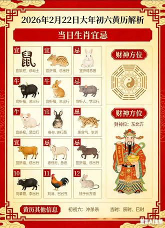 🔥大年初六送穷神!2026年2月22日生肖运势大揭秘,属鼠属牛属虎…这样做财运开挂!
大年初六送穷,2026年2月22日的运势玄机全在这!属鼠的别陷社交迷宫,属牛的防职场背锅,属虎的午后贵人运爆棚…还有财神方位、穿搭禁忌一次讲清!关注【老黄历每日通】,每天get专属运势指南,新的一年顺风顺水!
#老黄历#生肖运势 #每日运势 #大年初六六六大顺 #大年初六送穷日