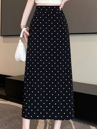 直筒波点半身裙女2025夏季新款高腰显瘦气质开叉中长款A字裙#半身裙 #夏季穿搭 #A字裙 #女装