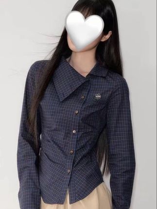 甜粿妹妹深藏青斜翻领复古格纹掐腰显瘦长袖衬衫上衣女#今日穿搭 #简约时尚穿搭 #衬衣穿搭 #极简穿搭 #上衣穿搭