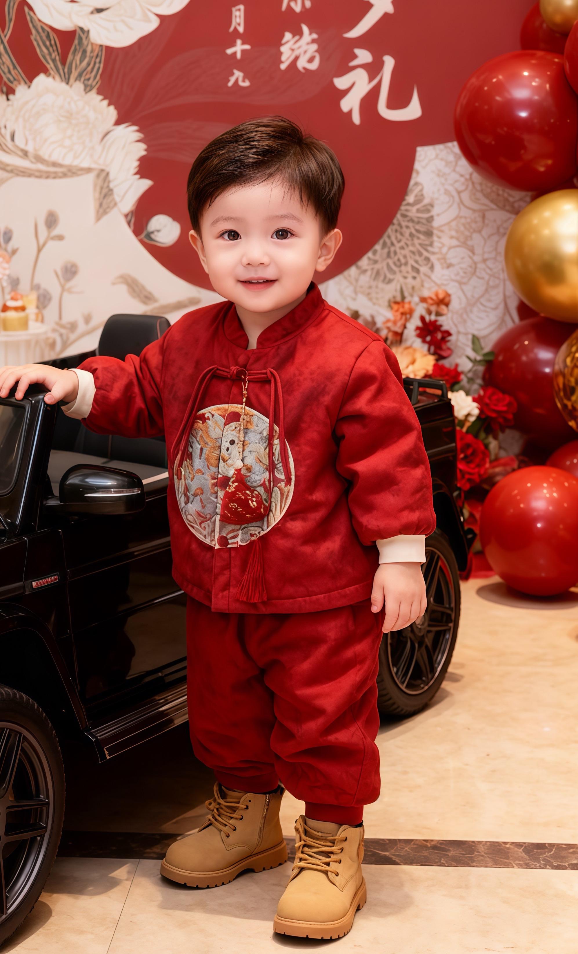 周岁礼上的小福娃,把心都暖化了❤️  看他穿着新中式国风唐装,在周岁礼上笑得多灿烂,手里的小挂饰晃啊晃,像把所有福气都聚在了身上。从咿呀学语到蹒跚迈步,这一年的成长,是我收到最珍贵的礼物。我的小宝贝,愿你在中式浪漫里,岁岁平安,步步欢喜,永远做我心头的那抹红✨#亲子互动#周岁礼服#周岁宴 #幼崽穿搭 #人类幼崽越养越上头 @抖加🔥上热门🔥dou+🔥热点宝