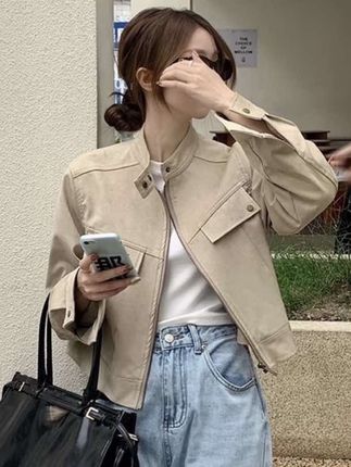 美拉德卡其色圆领外套女甜酷风机车服短款夹克上衣#简约大气 #休闲减龄穿搭 #通勤搭配