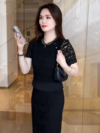 蕾丝连衣裙女2025夏季新款洋气显瘦遮肉中长款假两件减龄黑色裙子#夏季穿搭 #洋气减龄 #谁穿谁好看