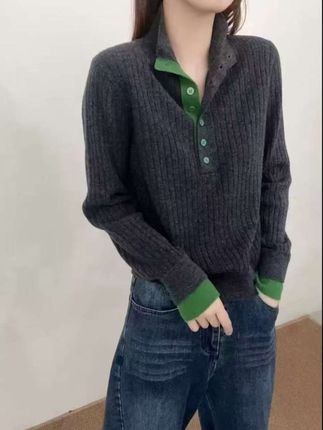 深灰色-灰绿拼接立领单排扣针织衫毛衣加厚纯色冬季女毛秋冬毛衫#立领针织衫 #纯色毛衣 #秋冬新款 #日常分享 #变美逆袭