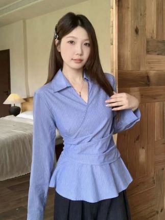大码微胖法式长袖衬衫女装2025新款秋季胖MM遮肉显瘦衬衣条纹上衣#条纹上衣 #法式上衣 #显瘦上衣 #遮肉上衣 #长袖衬衫
