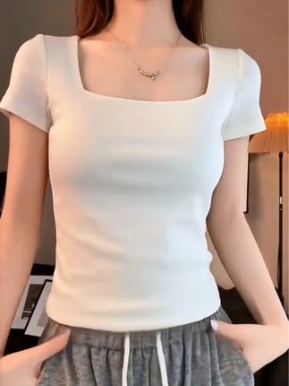 白色低领短袖t恤女 夏季新款修身显瘦小个子方领百搭上衣字母印花#短袖t恤#正肩t恤#修身显瘦#简约穿搭#美出高级感