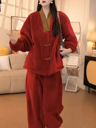 加厚睡衣女冬季新年本命年红色保暖家居服套装#保暖家居服