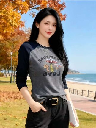 拼色插肩袖长袖T恤女秋季新款韩版时尚印花洋气百搭打底上衣#秋冬穿搭#打底衫#内搭外穿都好看#早秋叠穿万能公式来了 #气质穿搭