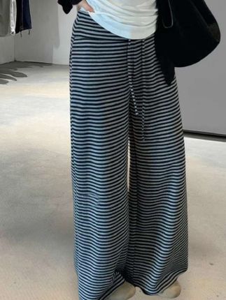 #十三行2025秋季小个子 阔腿休闲裤高腰系带宽松垂感拖地条纹裤女#高腰#休闲