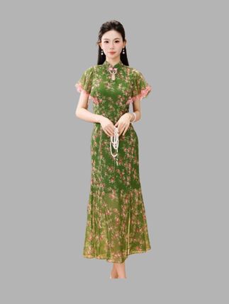 四美子【花知夏】新款新中式优雅气质绿色印花开叉鱼尾旗袍裙连衣裙#夏季穿搭#新中式穿搭#旗袍连衣裙#美出高级感#高端大气上档次