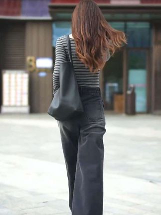 #复古黑色阔腿牛仔裤女款爆款2025新款春秋直筒裤子宽松慵懒风长裤##