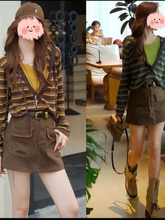 2025秋季条纹假两件针织衫长袖上衣显瘦工装裙裤休闲套装#气质范 #穿出高级感#高级感穿搭 #ins穿搭 #精致时尚