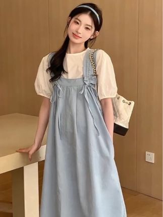 时髦孕妇装新款小个子孕妇装夏季孕妇背带裙套装韩版时尚款两件套#孕妇装