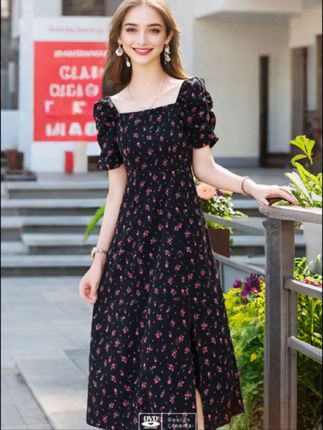 #AI扩图 夏季新款法式减龄方领茶歇碎花裙开叉收腰显瘦小个子中长连衣裙子#显瘦穿搭 #减龄穿搭 #夏季穿搭 #上热门