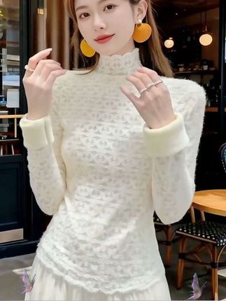 加绒秋冬季新款加厚蕾丝打底衫女高领内搭显瘦洋气柔软长袖上衣服