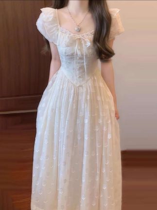 #夏季新款法式短袖蕾丝气质连衣裙 女装温柔甜美收腰刺绣杏#白色裙子