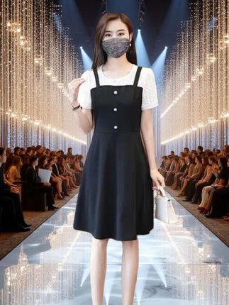 女装连衣裙蕾丝拼接2025裙子气质时尚夏季收腰假两件小黑裙#穿出自信穿出美丽 #时尚气质穿搭 #高端大气 #显瘦显高显气质 #视频ai生成仅供欣赏
