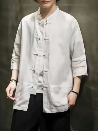 新中式七分袖衬衫男款,亚麻唐装复古青年中国风棉麻短袖衬衫#男装#短袖衬衫#中国风#新中式#唐装