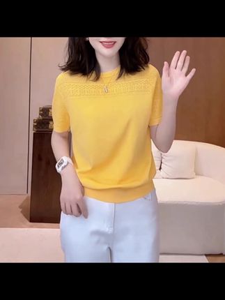黄色气质显瘦显白时尚百搭圆领镂空手工针织小衫短袖衣服H8-17#好物推荐🔥 #爆款热卖中 #女生必备 #今日穿搭#显瘦穿搭