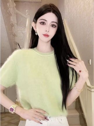 WEIFANSHU/魏凡舒【绒绒爱意】新款气质百搭短袖针织衫拉绒羊毛上衣#甜美穿搭 #百搭上衣 #女装搭配 #潮流穿搭 #女装